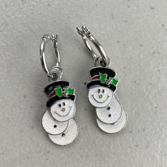 Vintage Snowman Layered Earrings Y2K enamel shimmery pierced winter holiday - Picture 1 of 4